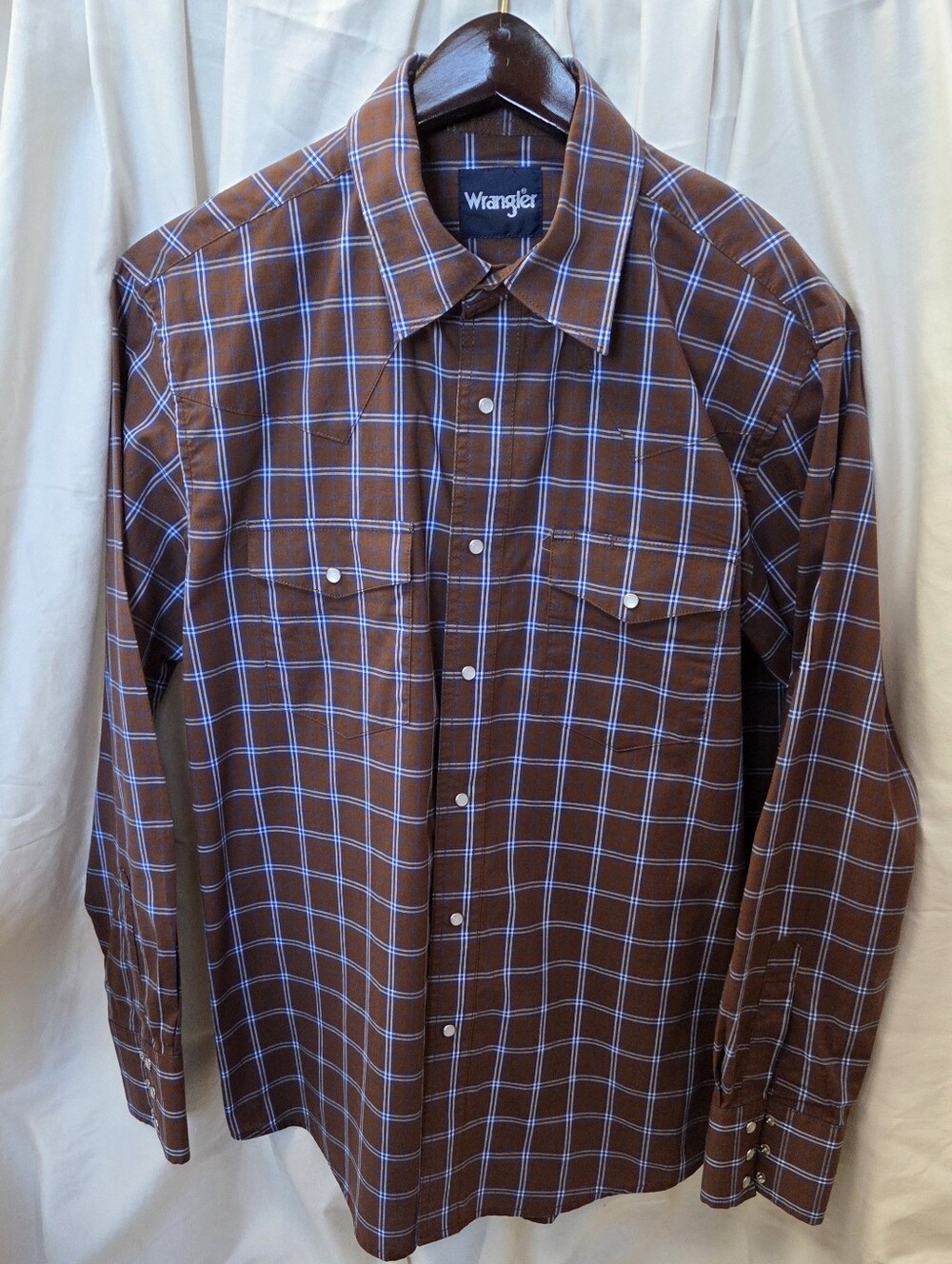 Wrangler Brown Plaid Button-Down Shirt with Blue & White Windowpane